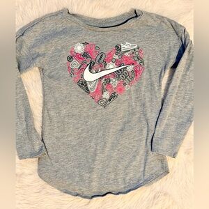 Nike - Gray and Pink Long Sleeve Tee with Doodle Heart Graphic Girls Small 5-6
